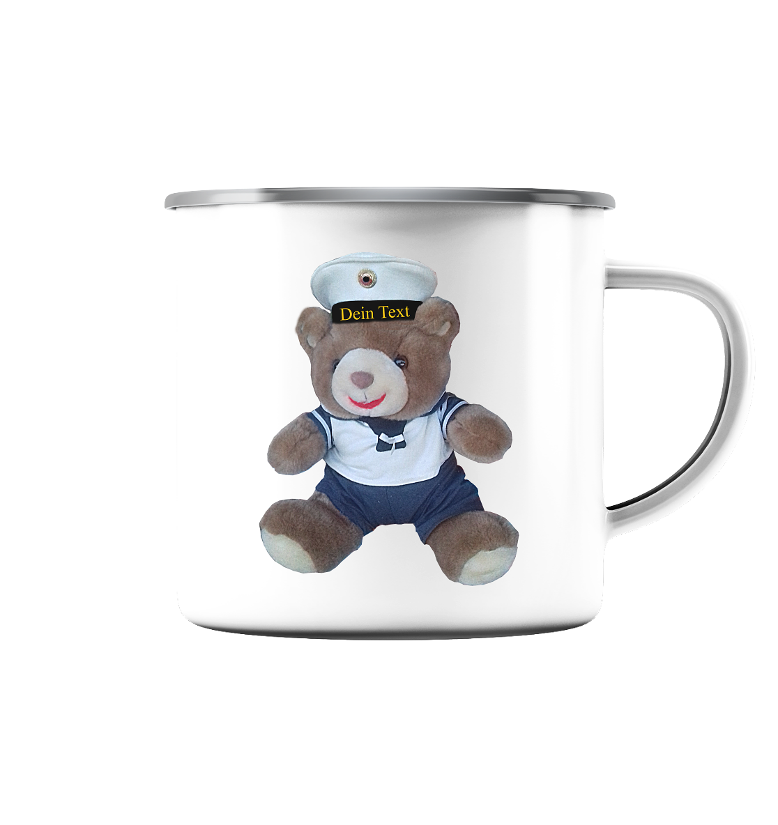Teddy DEIN TEXT - Emaille Tasse (Silber)