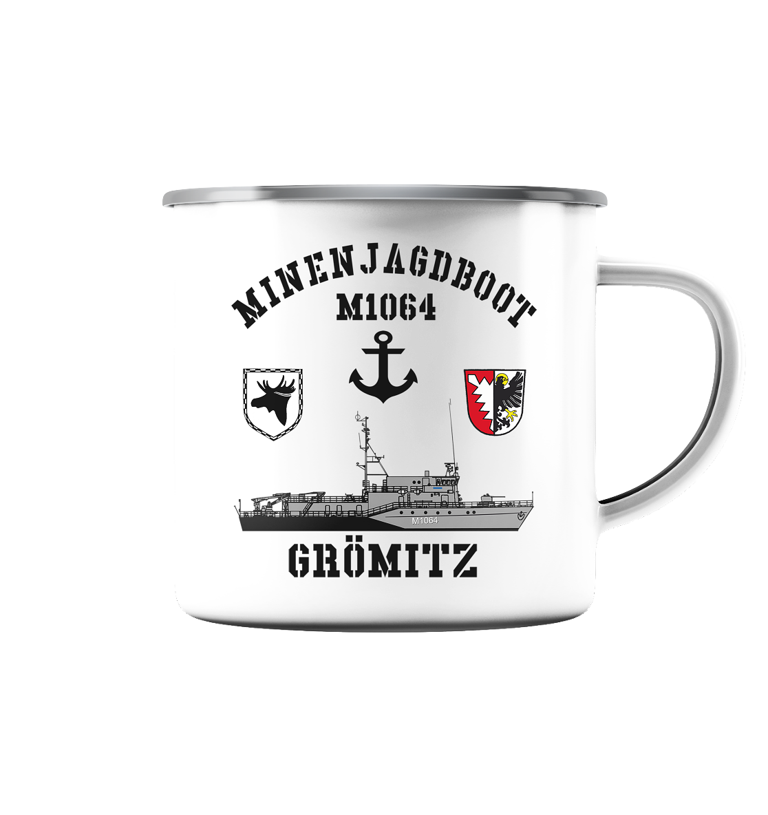 Mij.-Boot M1064 GRÖMITZ Anker 3.MSG - Emaille Tasse (Silber)