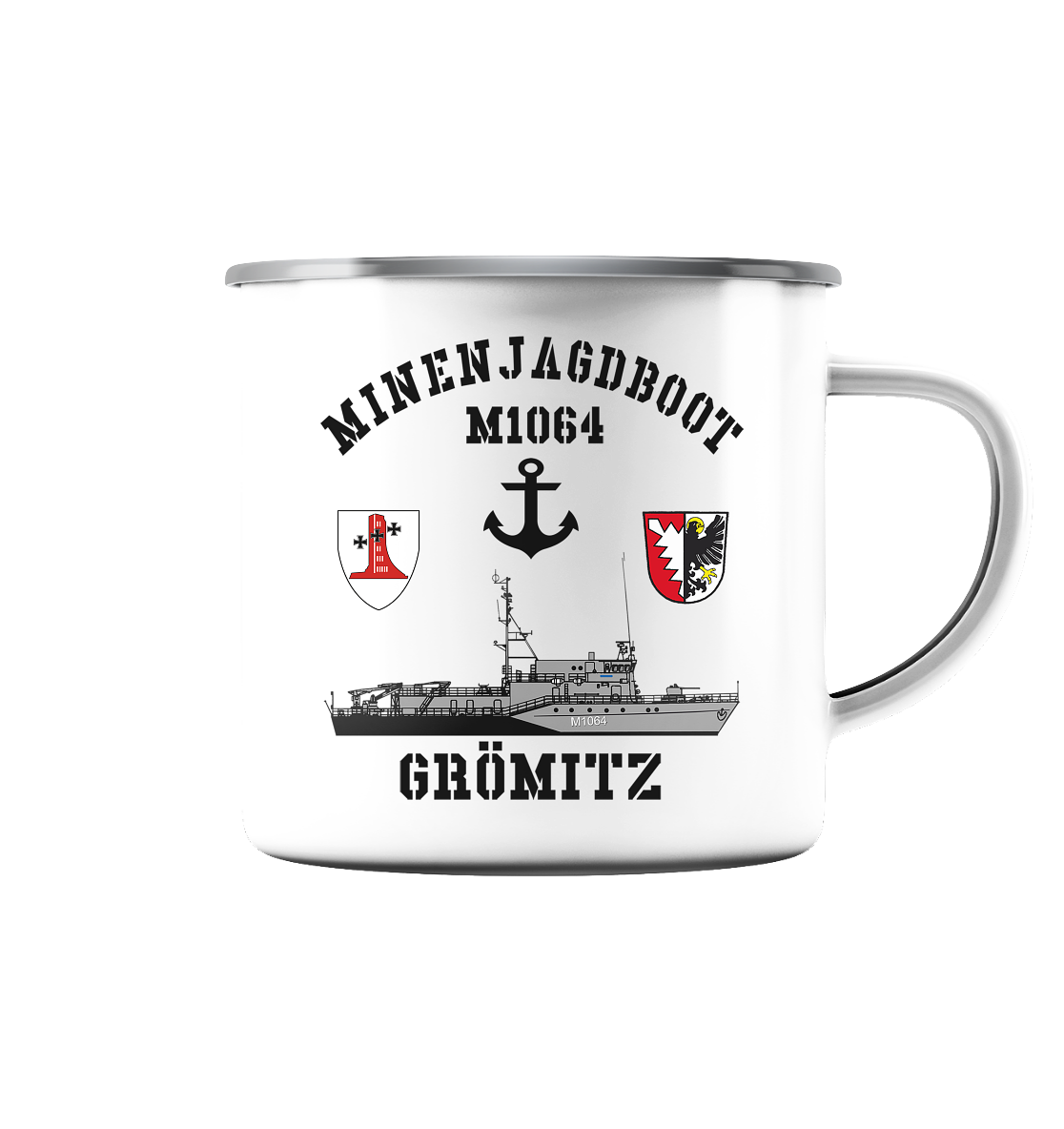 Mij.-Boot M1064 GRÖMITZ Anker 1.MSG - Emaille Tasse (Silber)