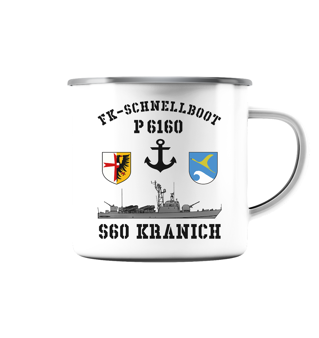 FK-Schnellboot P6160 S60 KRANICH Bofors - Emaille Tasse (Silber)