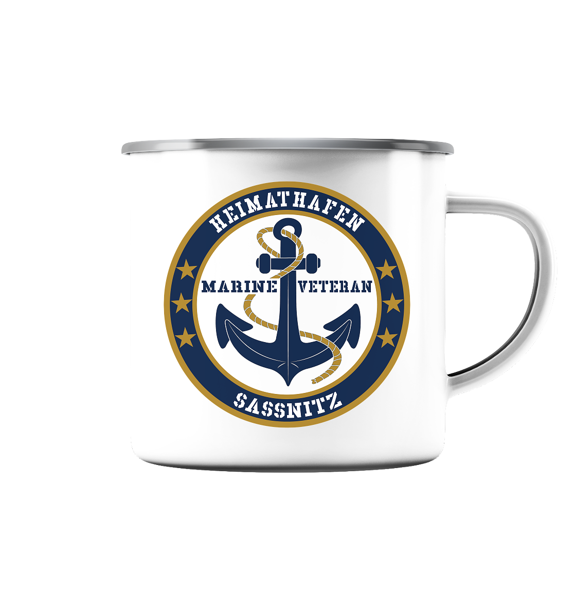 Marine Veteran Heimathafen SASSNITZ - Emaille Tasse (Silber)