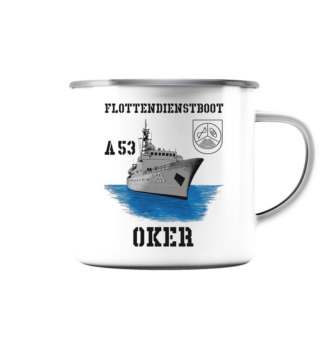 FD-Boot A53 OKER - Emaille Tasse (Silber)