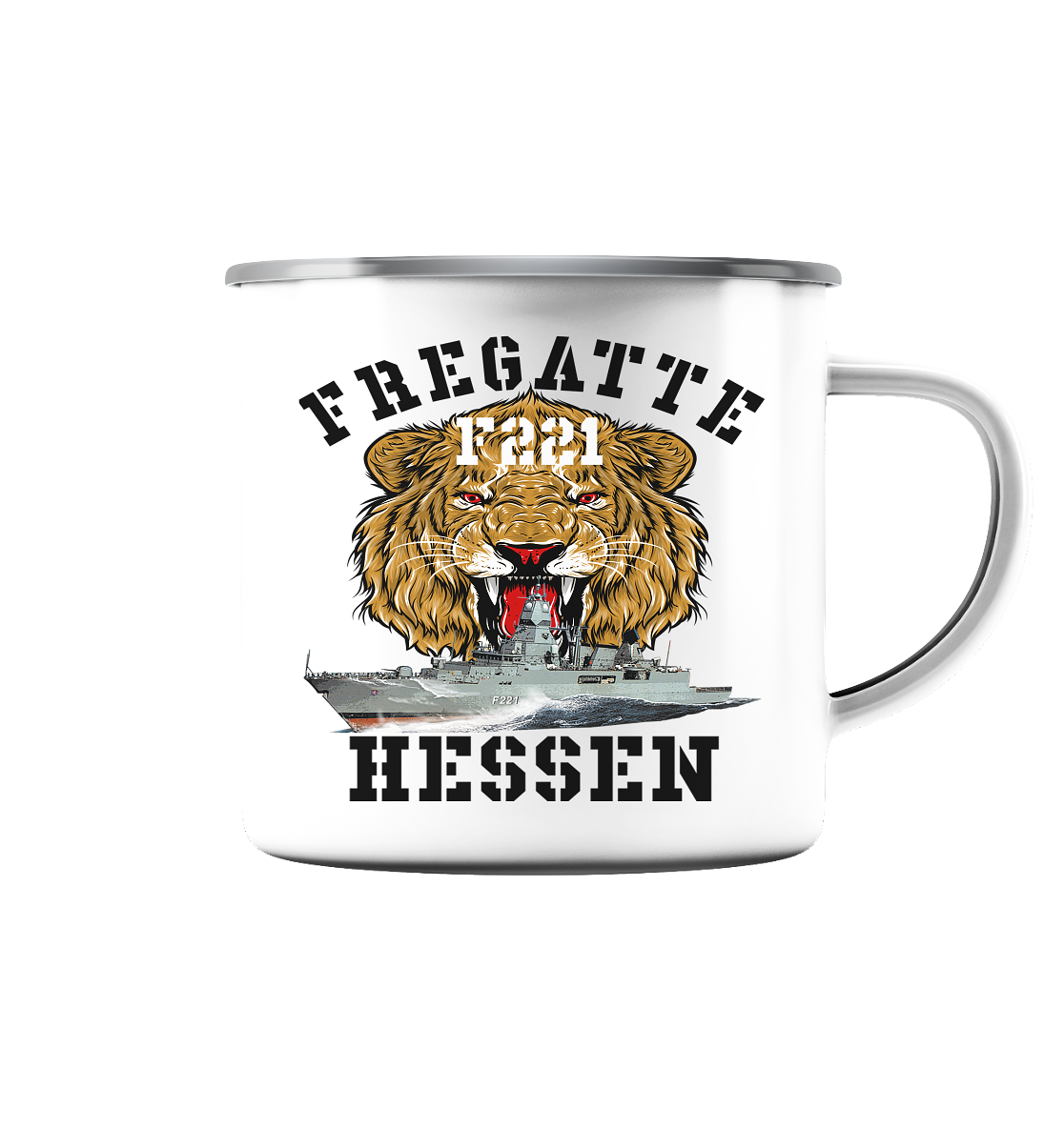 Fregatte F221 HESSEN Löwe - Emaille Tasse (Silber)